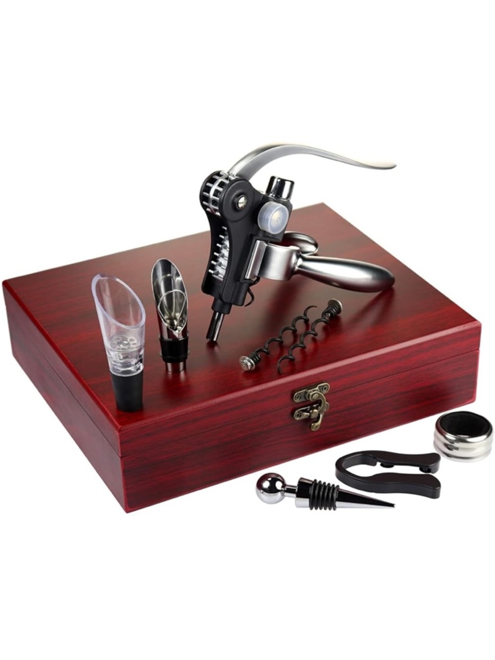 Silver Lever Corkscrew Wine Opener Set with Red Wood Gift Box